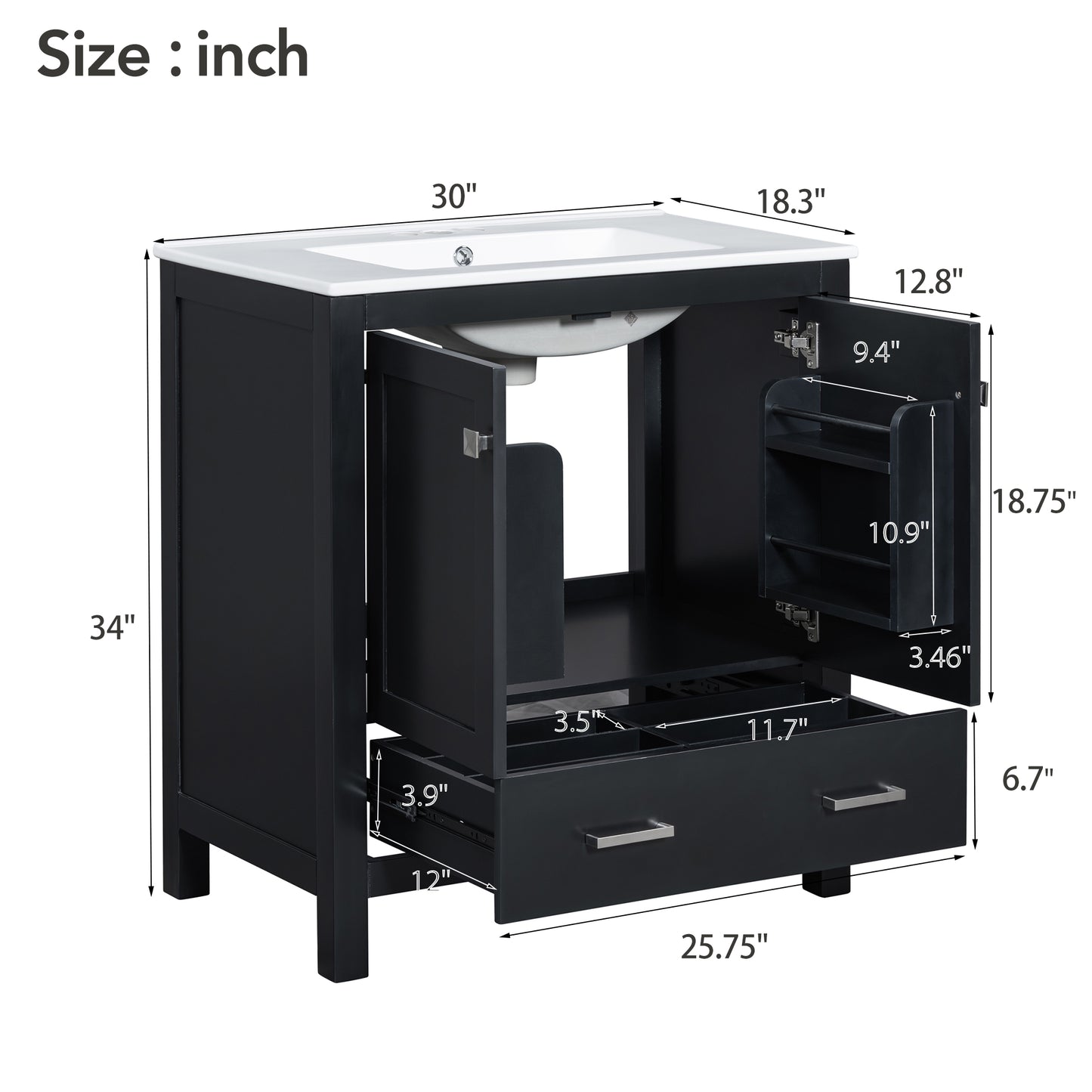 Dexmalle 30-in Black Undermount Single Sink Bathroom Vanity With White Ceramic Top and Drawer