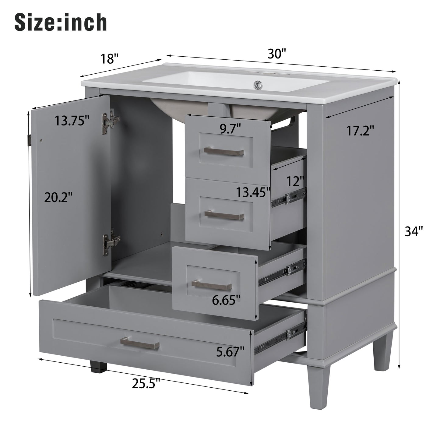 Dexmalle 30-in Gray Freestanding Single Sink Bathroom Vanity With White Ceramic Top and Three Drawers
