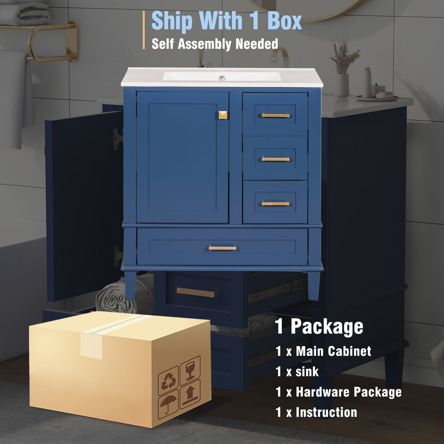 Dexmalle 30-in Blue Freestanding Single Sink Bathroom Vanity With White Ceramic Top and Three Drawers