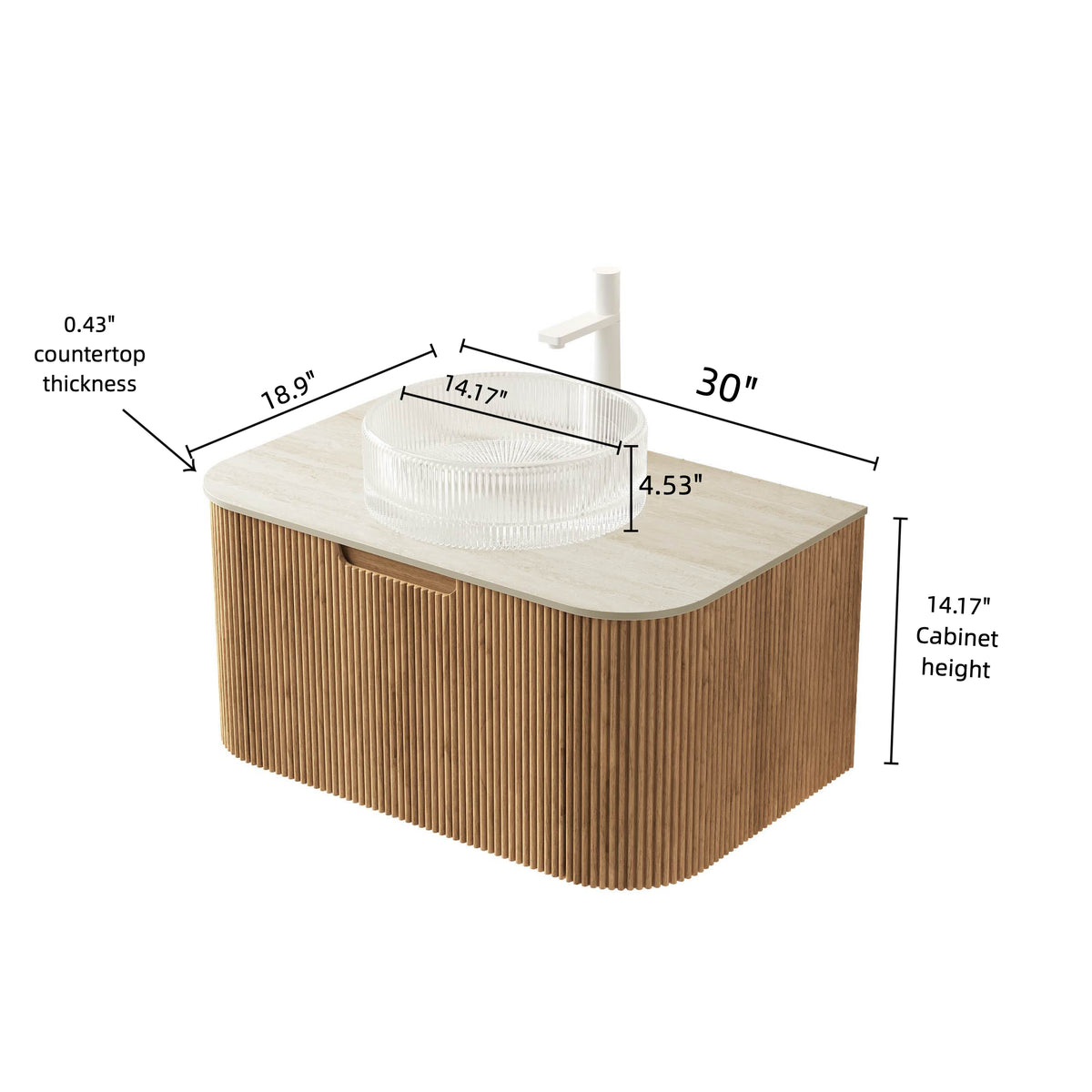 Dexmalle 30" Bathroom Vanity&Sink, Floating Curved Edges Striped Storage Cabinet with Drawer, Transparent Round Glass Basin