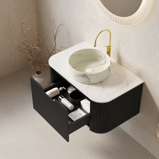 Dexmalle 30" Bathroom Vanity&Sink, Floating Curved Edges Striped Storage Cabinet with Drawer, Matte Stone White Round Ceramic Basin