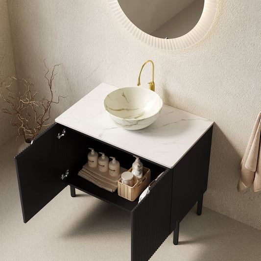 30-in Black Freestanding Bathroom Vanity with Sintered Stone Top and White Bowl Vessel Sink
