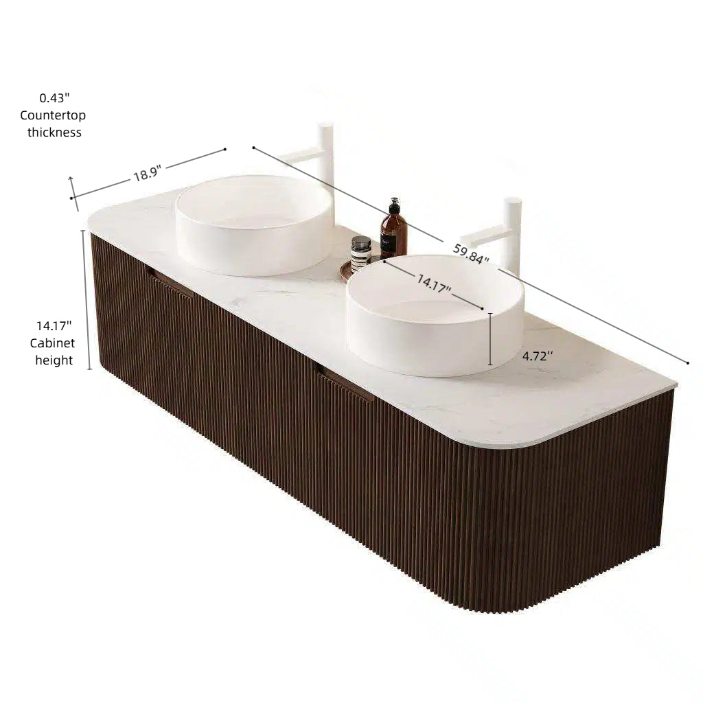 Dexmalle 60" Bathroom Vanity&Sinks, Floating Curved Edges Striped Storage Cabinet with 2 Drawers, 2 White Round Ceramic Basins