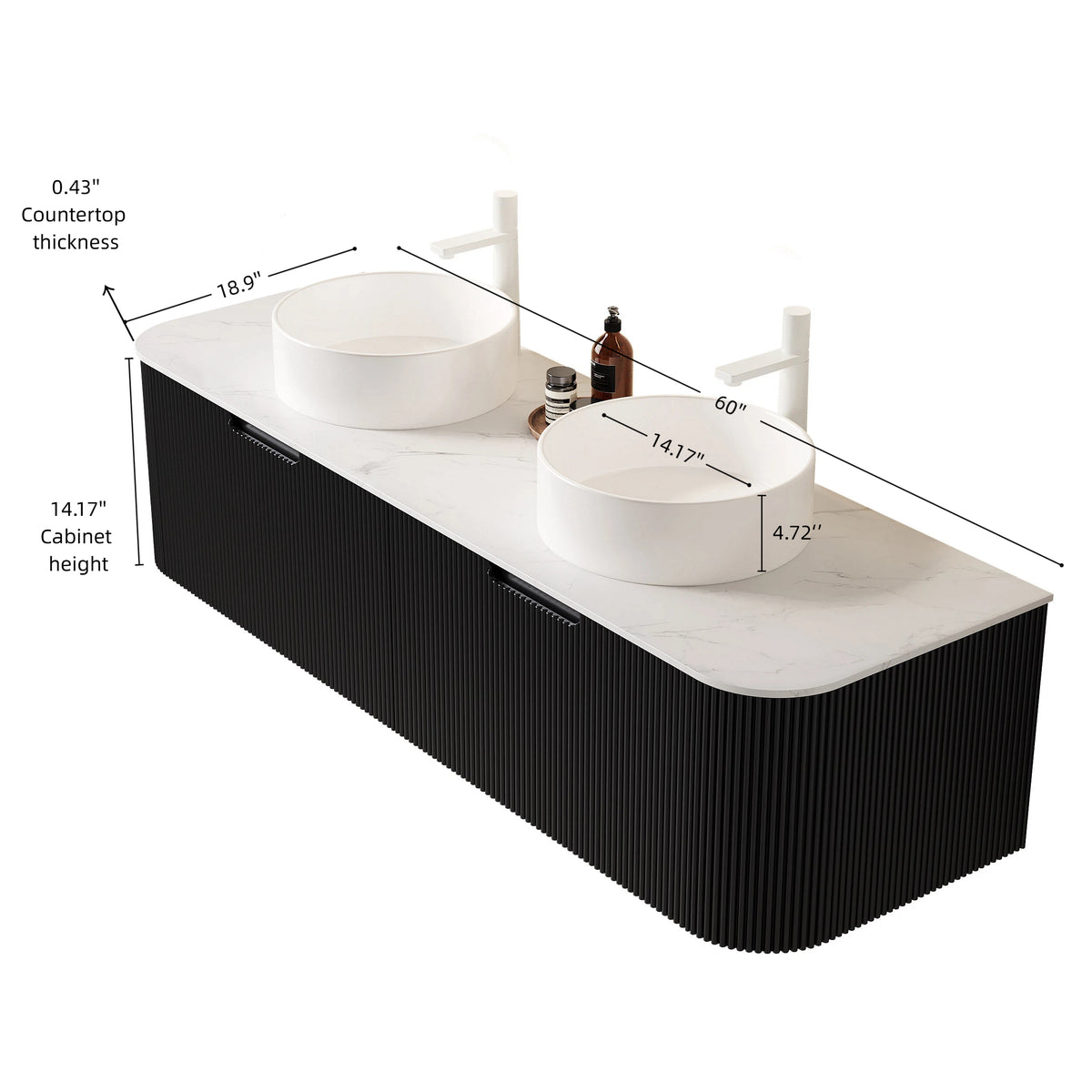 Dexmalle 60" Bathroom Vanity&Sinks, Floating Curved Edges Striped Bathroom Storage Cabinet with 2 Drawers