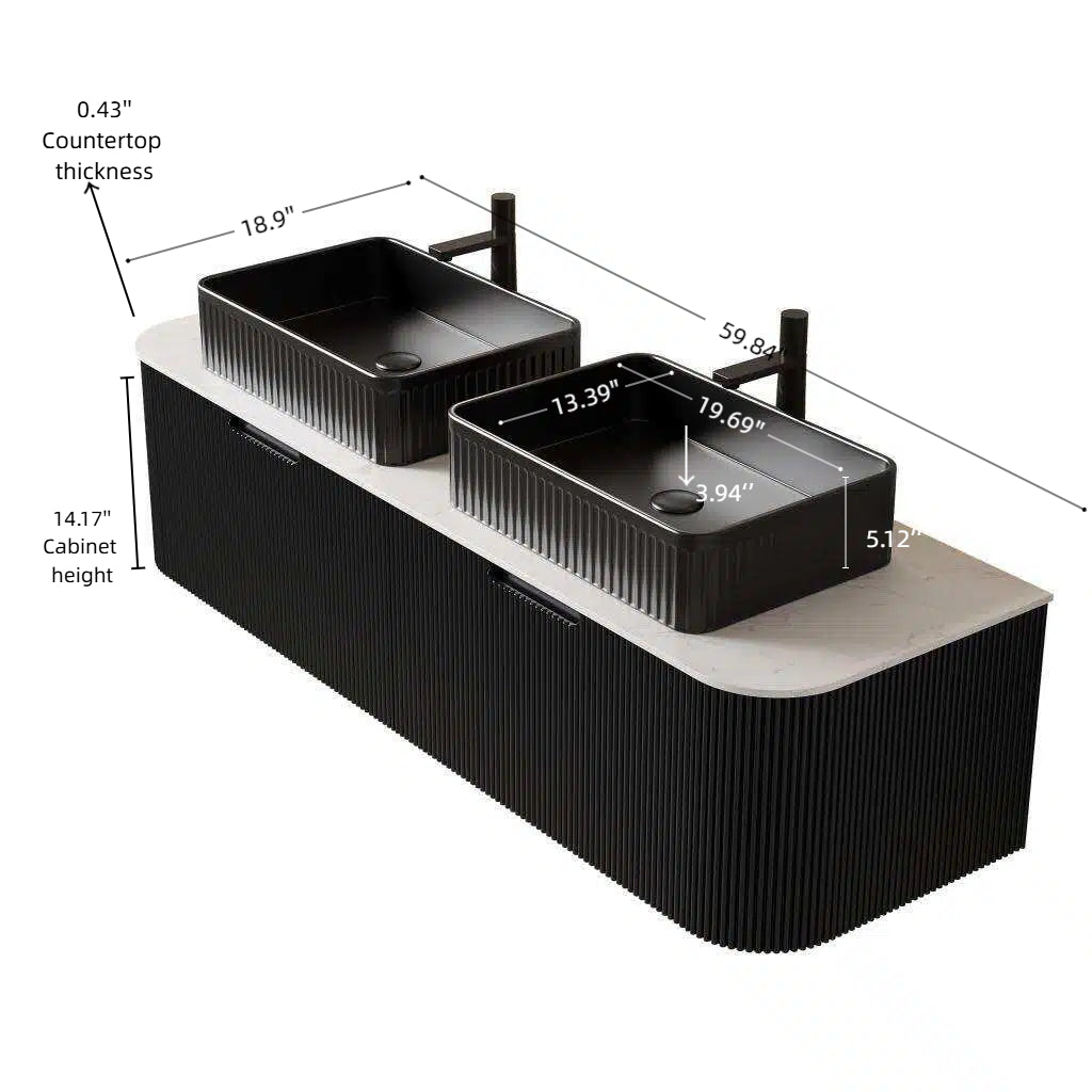 Dexmalle 60-in Black Wall-mount Double Sink Bathroom Vanity with Sintered Stone Top and Black Vessel Sink