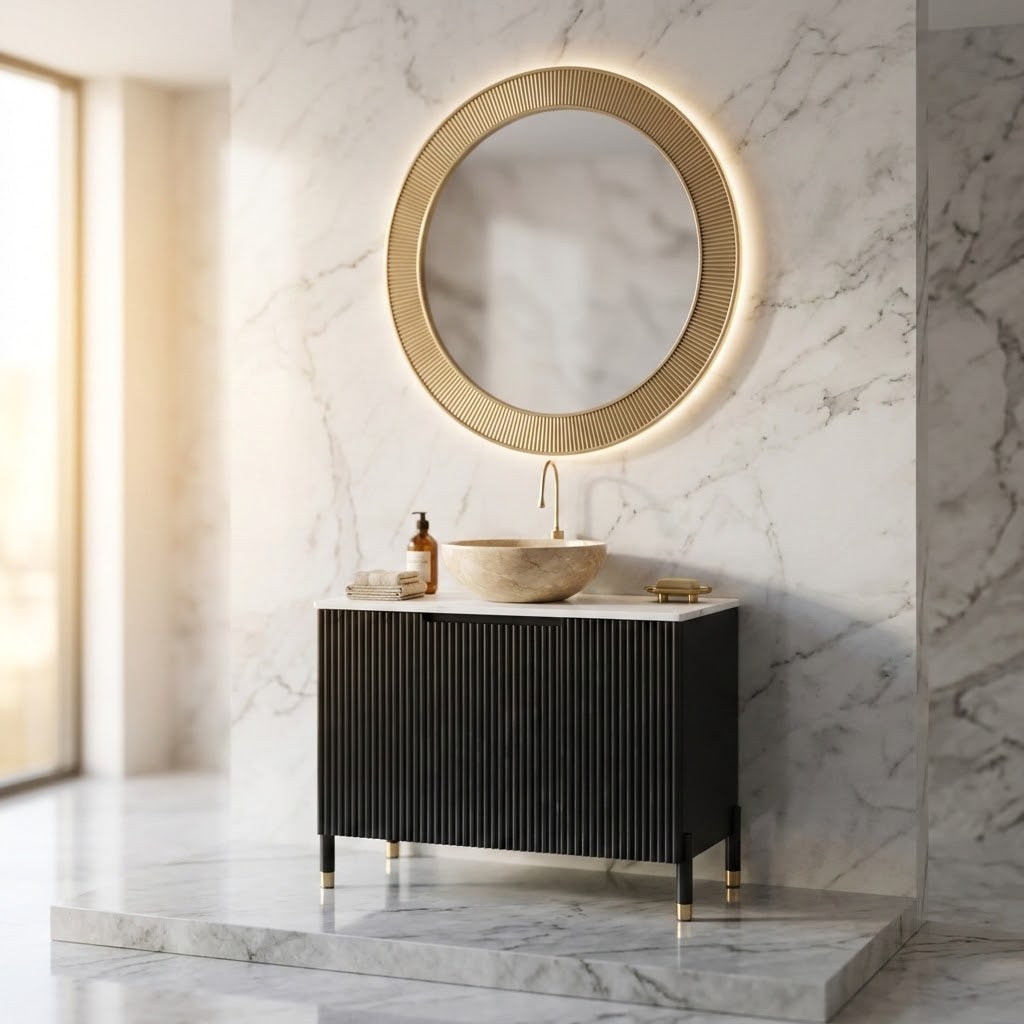 30-in Black Freestanding Bathroom Vanity with Sintered Stone Top and White Bowl Vessel Sink