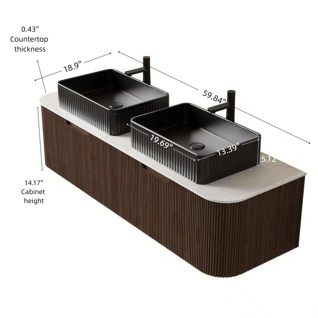 Dexmalle 60" Bathroom Vanity&Sinks, Floating Curved Edges Striped Storage Cabinet with 2 Drawers, 2 Black Rectangular Ceramic Basins