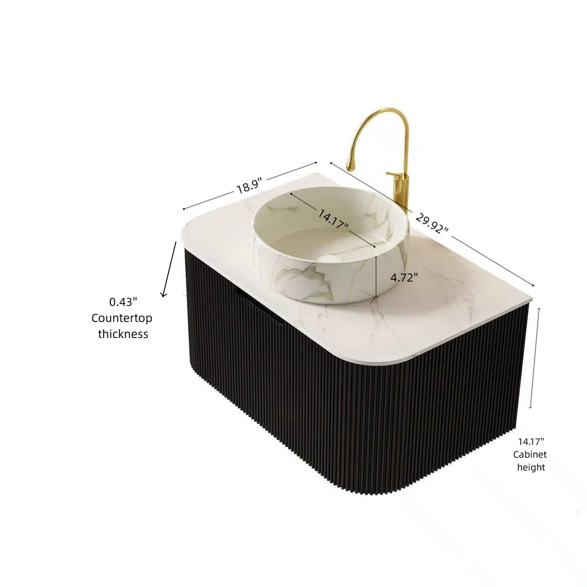 Dexmalle 30" Bathroom Vanity&Sink, Floating Curved Edges Striped Storage Cabinet with Drawer, Matte Stone White Round Ceramic Basin