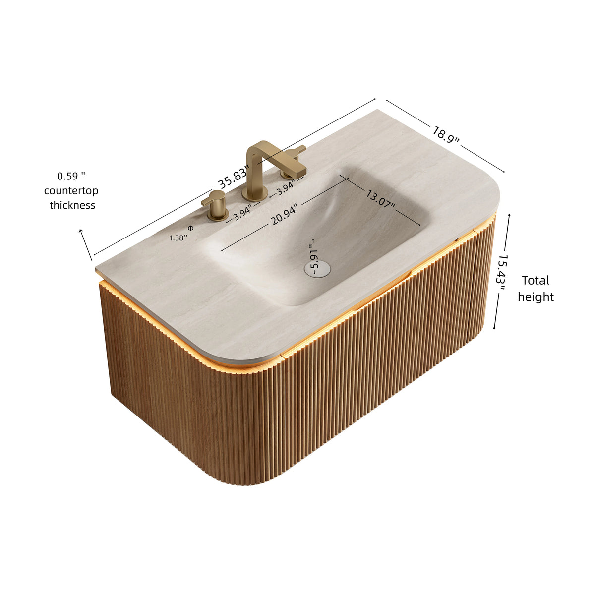 Dexmalle 36'' Bathroom Vanity&Sink,Travertine-Pattern Sintered Stone Hot-bent Integrated Basin, Pre-assembled, Natural Woodgrain Color