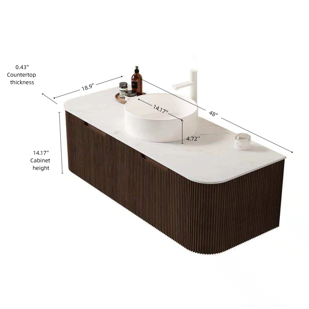 Dexmalle 48" Bathroom Vanity&Sink, Floating Curved Edges Striped Storage Cabinet with 2 Drawers, White Round Ceramic Basin