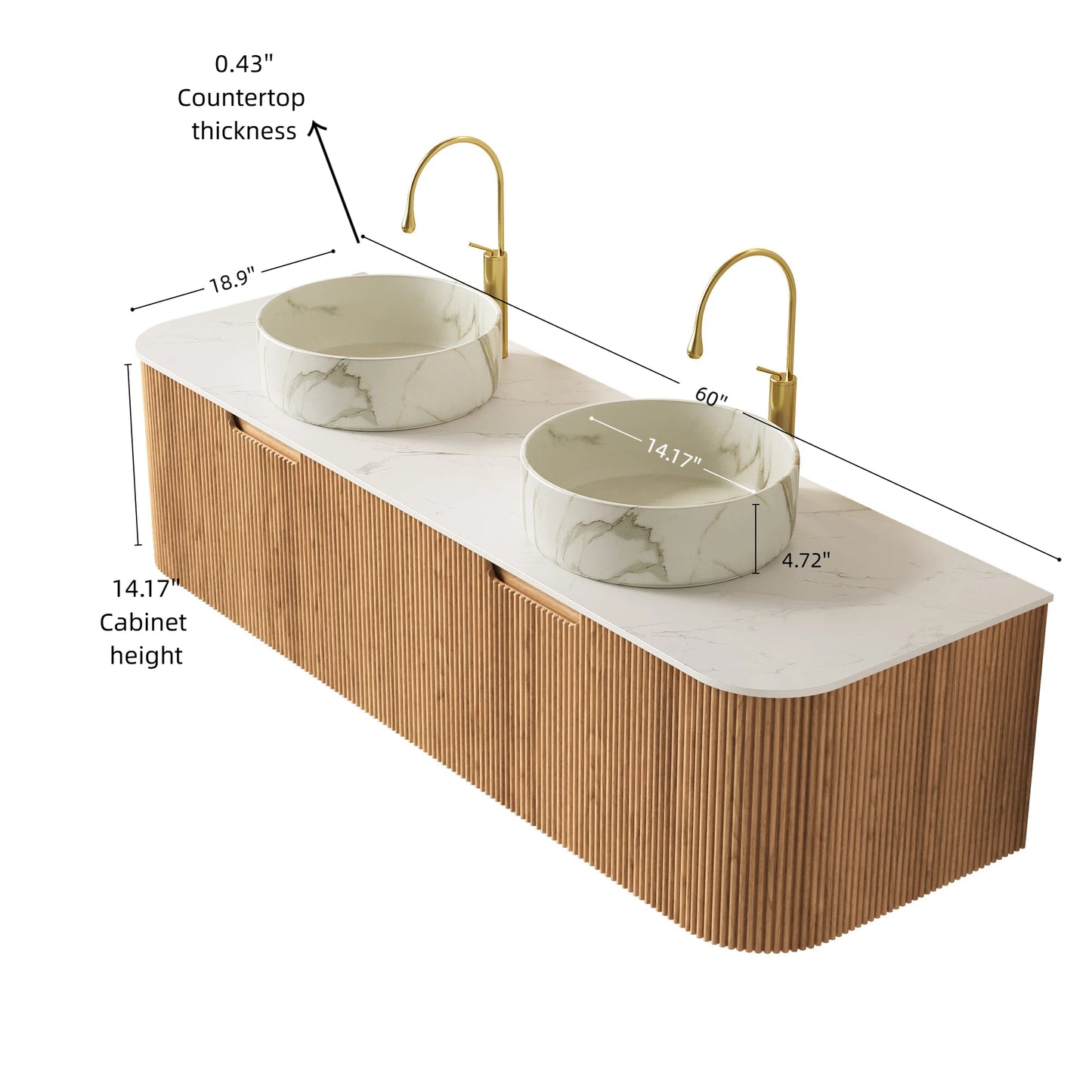 Dexmalle 60-in Natural Wall-mount Double Sink Bathroom Vanity with Sintered Stone Top and Round Ceramic Basins