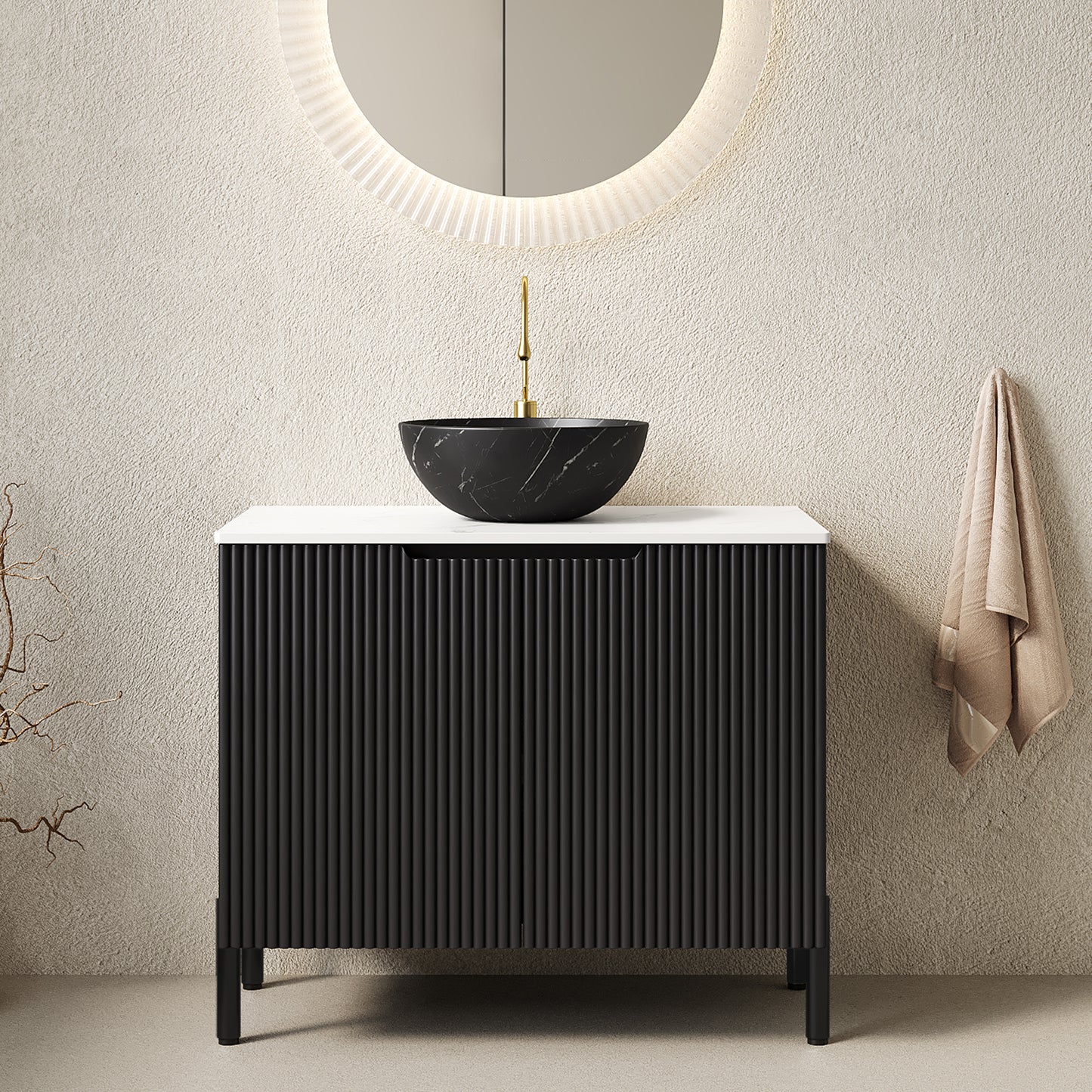 Dexmalle 30-in Black Freestanding Bathroom Vanity with Sintered Stone Top and Black Bowl Vessel Sink