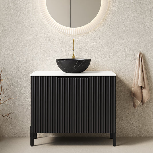 Dexmalle 30-in Black Freestanding Bathroom Vanity with Sintered Stone Top and Black Bowl Vessel Sink
