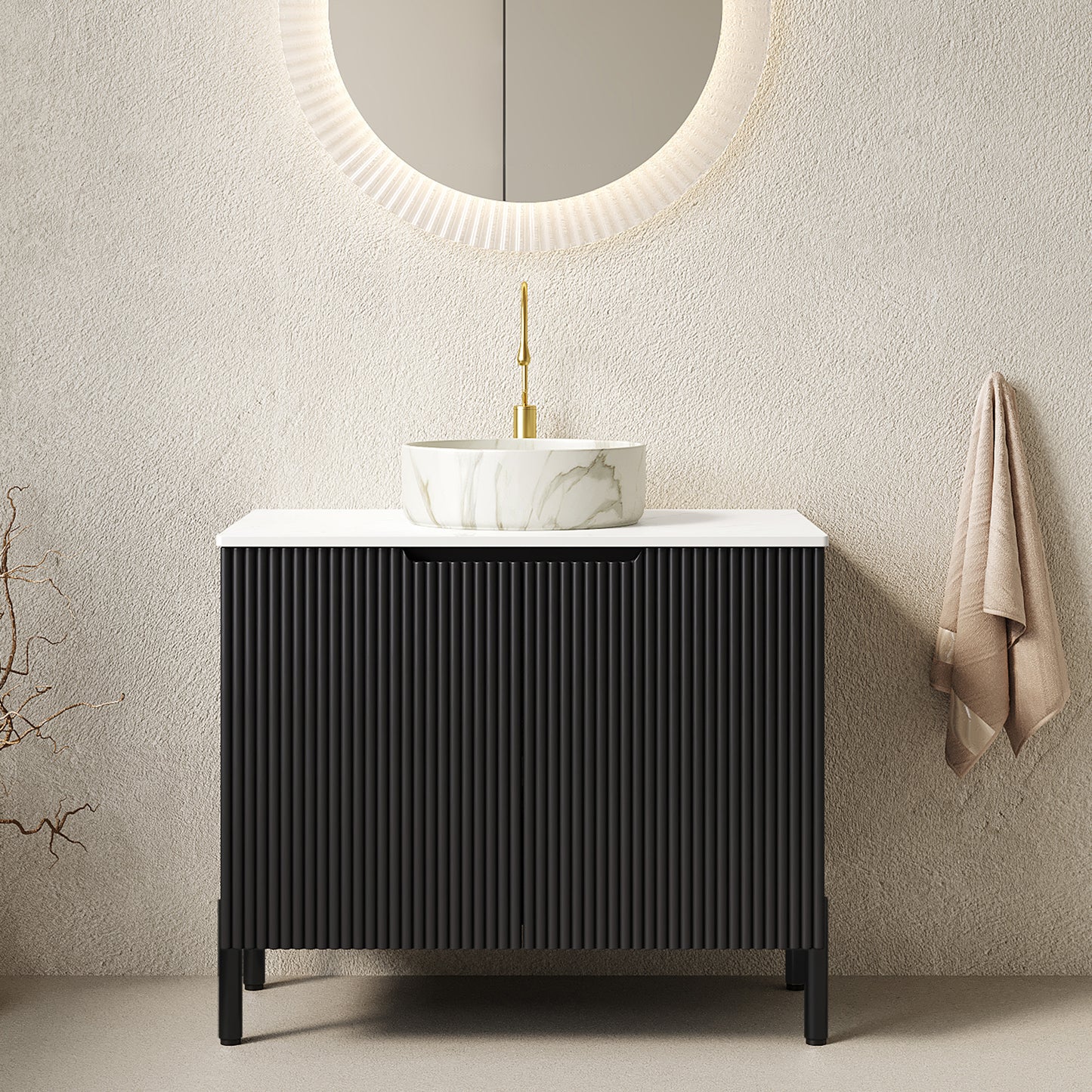 Dexmalle 30-in Black Freestanding Bathroom Vanity with Sintered Stone Top and Black Round Vessel Sink