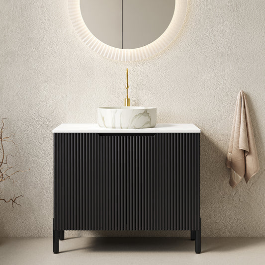 Dexmalle 30-in Black Freestanding Bathroom Vanity with Sintered Stone Top and Black Round Vessel Sink