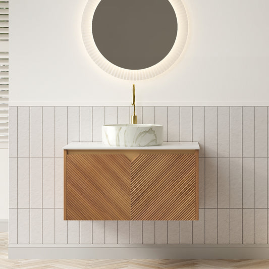 Dexmalle 30" Bathroom Vanity&Sink, Floating Plywood Storage Cabinet, Twill Double Doors with Metal Trim, Matte Stone Pattern