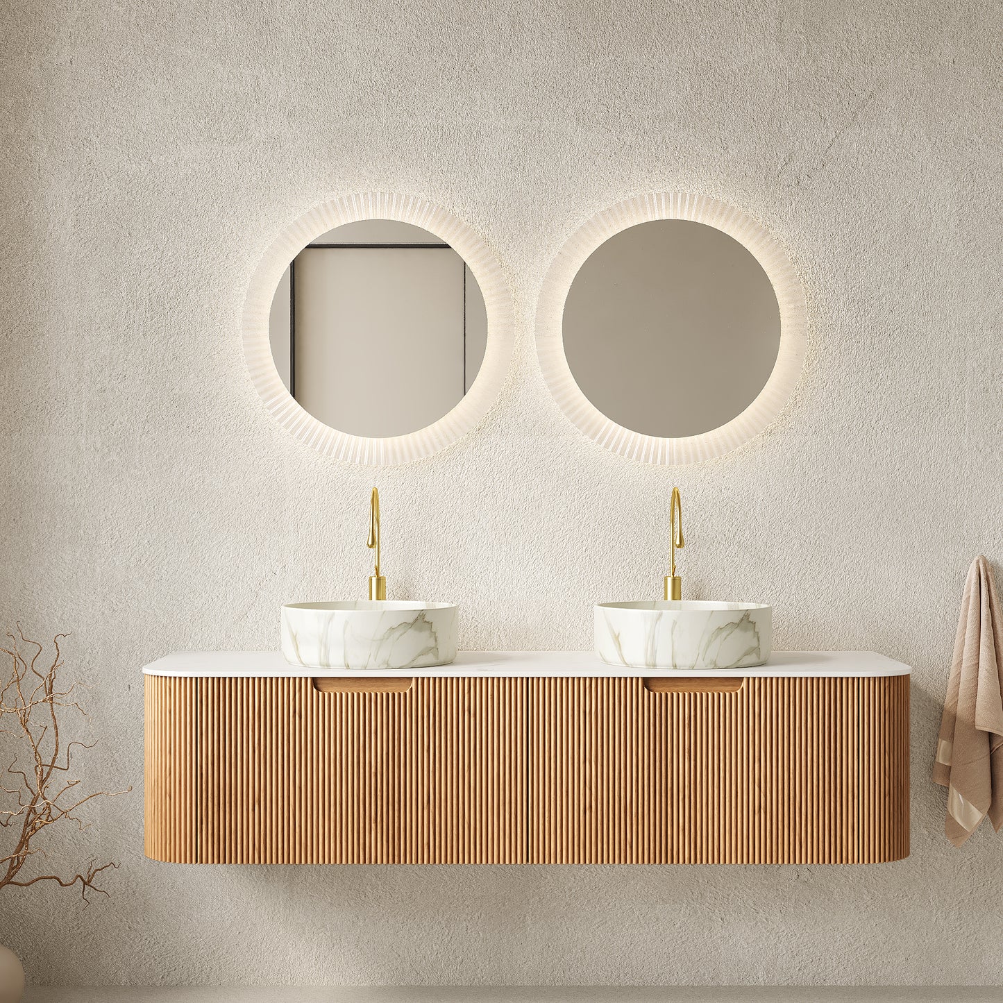 Dexmalle 60-in Natural Wall-mount Double Sink Bathroom Vanity with Sintered Stone Top and Round Ceramic Basins