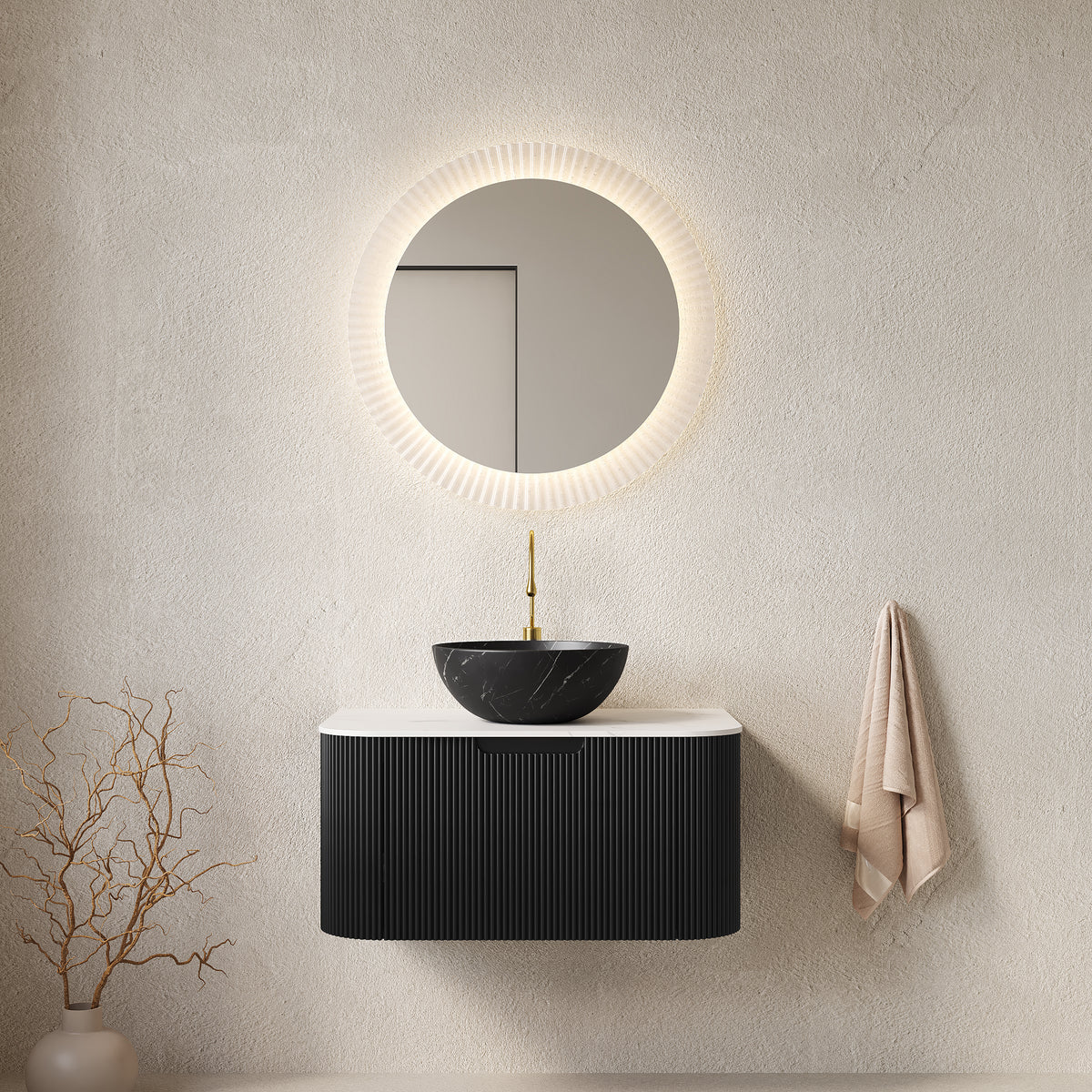Dexmalle 30" Bathroom Vanity&Sink, Floating Curved Edges Striped Storage Cabinet with Drawer, Matte Stone Black Bowl Ceramic Basin