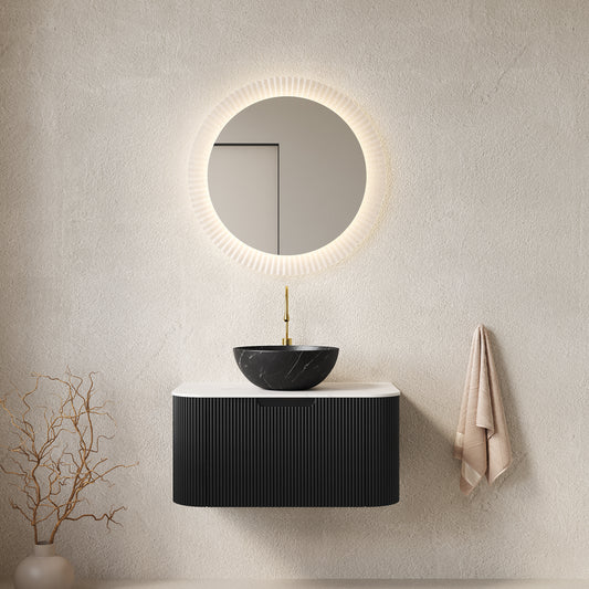 Dexmalle 30" Bathroom Vanity&Sink, Floating Curved Edges Striped Storage Cabinet with Drawer, Matte Stone Black Bowl Ceramic Basin