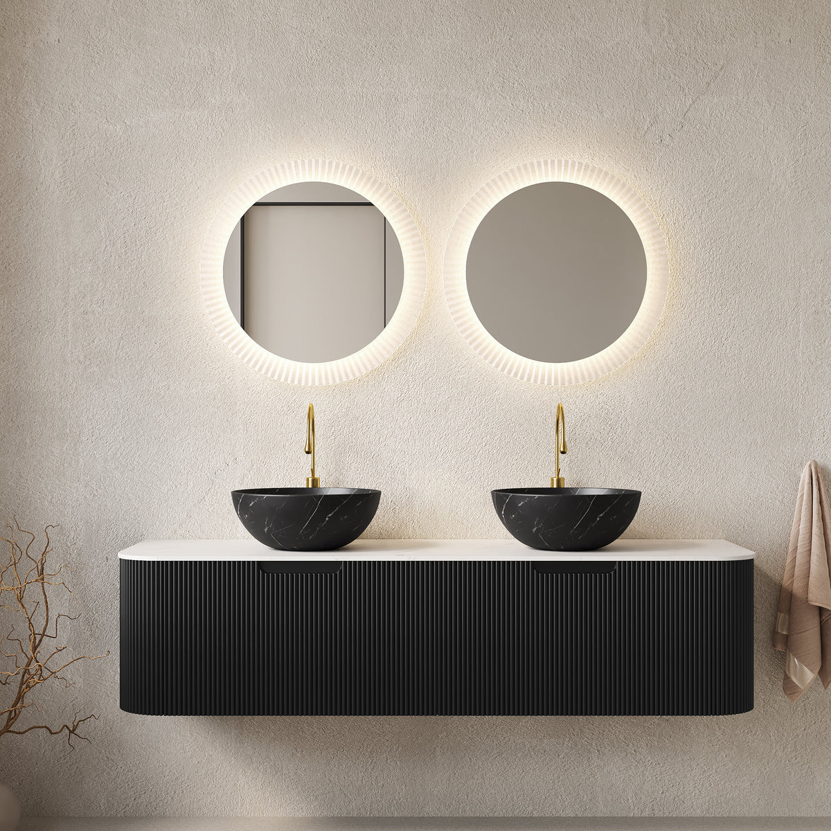 Dexmalle 60" Bathroom Vanity&Sinks, Floating Curved Edges Striped Storage Cabinet with 2 Drawers