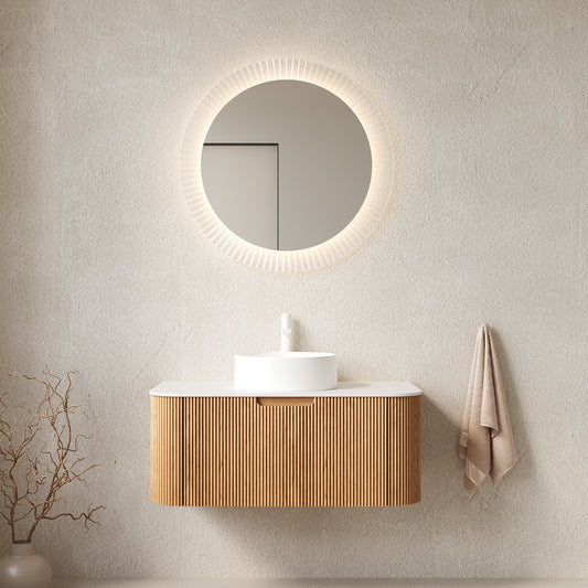 Dexmalle 36" Bathroom Vanity&Sink, Floating Curved Edges Striped Bathroom Storage Cabinet with Drawer, White Round Ceramic Basin&Carrara White Sintered Stone Top