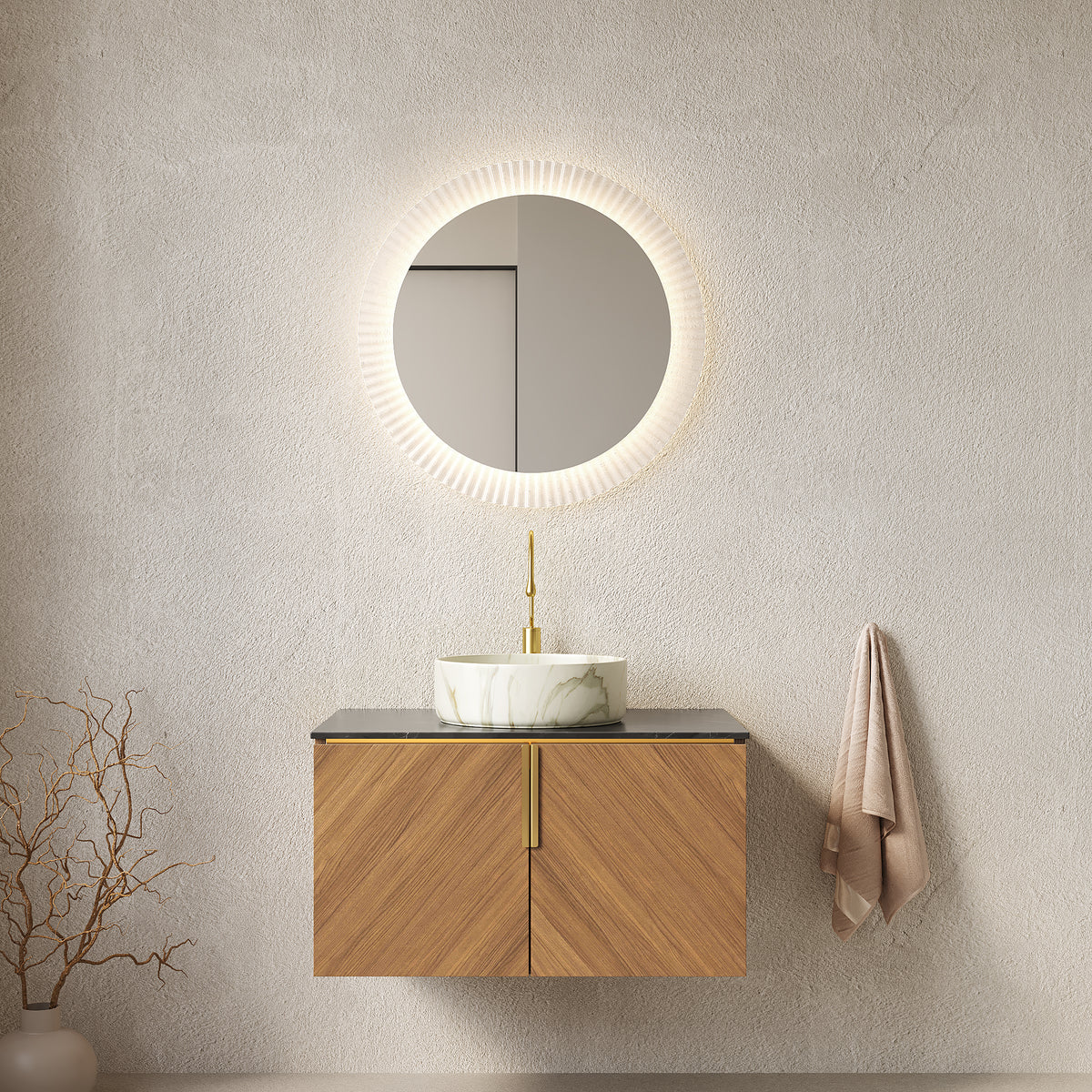 Dexmalle 30" Bathroom Vanity&Sink, Floating Plywood Bathroom Storage Cabinet with 2 Doors, Black Sintered Stone Countertop