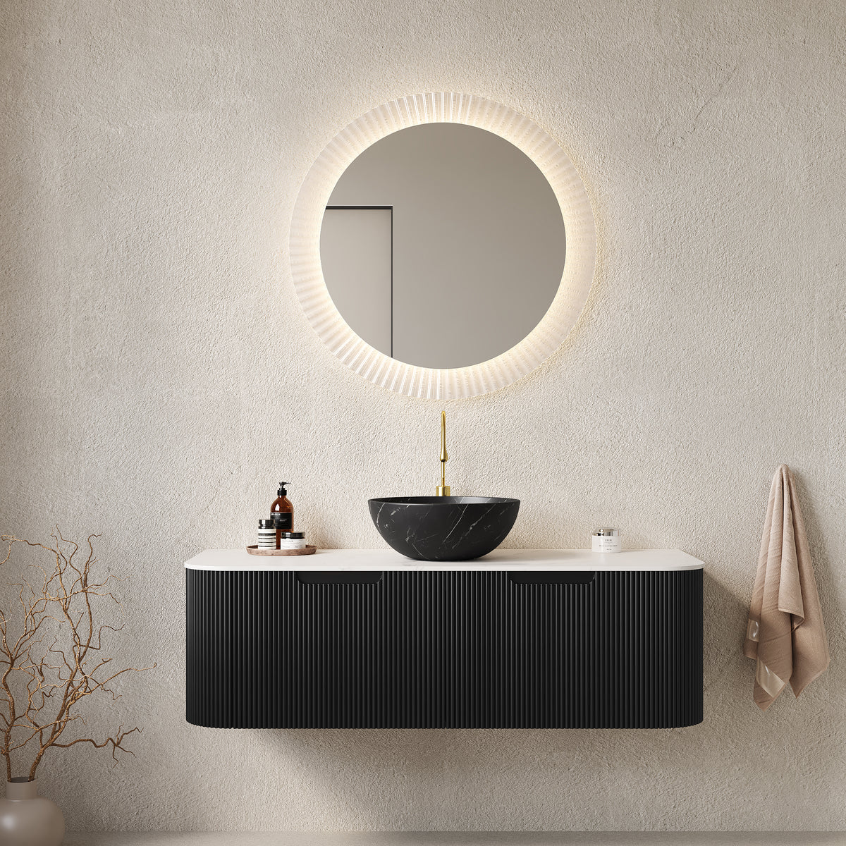 Dexmalle 48" Bathroom Vanity&Sink, Floating Curved Edges Striped Plywood Storage Cabinet with 2 Drawers, Matte Stone Black Bowl Ceramic Basin