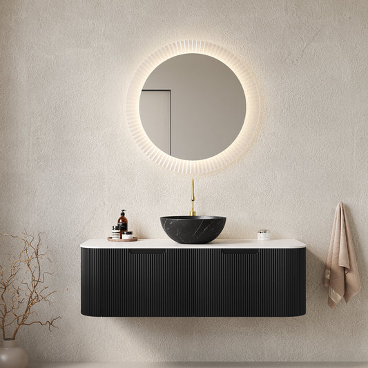 Dexmalle 48" Bathroom Vanity&Sink, Floating Curved Edges Striped Plywood Storage Cabinet with 2 Drawers, Matte Stone Black Bowl Ceramic Basin