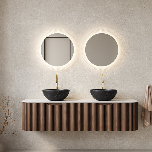Dexmalle 60" Bathroom Vanity&Sinks, Floating Curved Edges Striped Storage Cabinet with 2 Drawers, 2 Stone Black Bowl Ceramic Basins