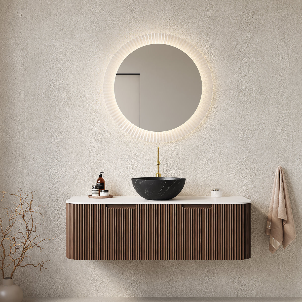 Dexmalle 48" Bathroom Vanity&Sink, Floating Curved Edges Striped Storage Cabinet with 2 Drawers, Stone Black Bowl Ceramic Basin