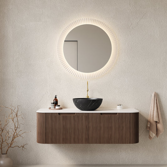 Dexmalle 48" Bathroom Vanity&Sink, Floating Curved Edges Striped Storage Cabinet with 2 Drawers, Stone Black Bowl Ceramic Basin