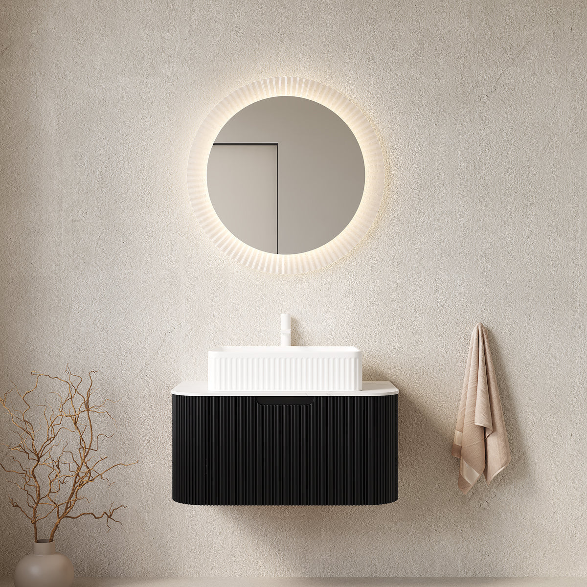 Dexmalle 30" Bathroom Vanity&Sink, Floating Curved Edges Striped Plywood Storage Cabinet with Drawer, White Rectangular Ceramic Basin