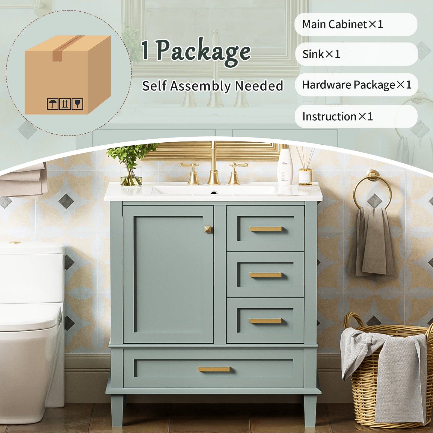 Dexmalle 30-in Light Green Freestanding Single Sink Bathroom Vanity with White Ceramic Top and Drawers