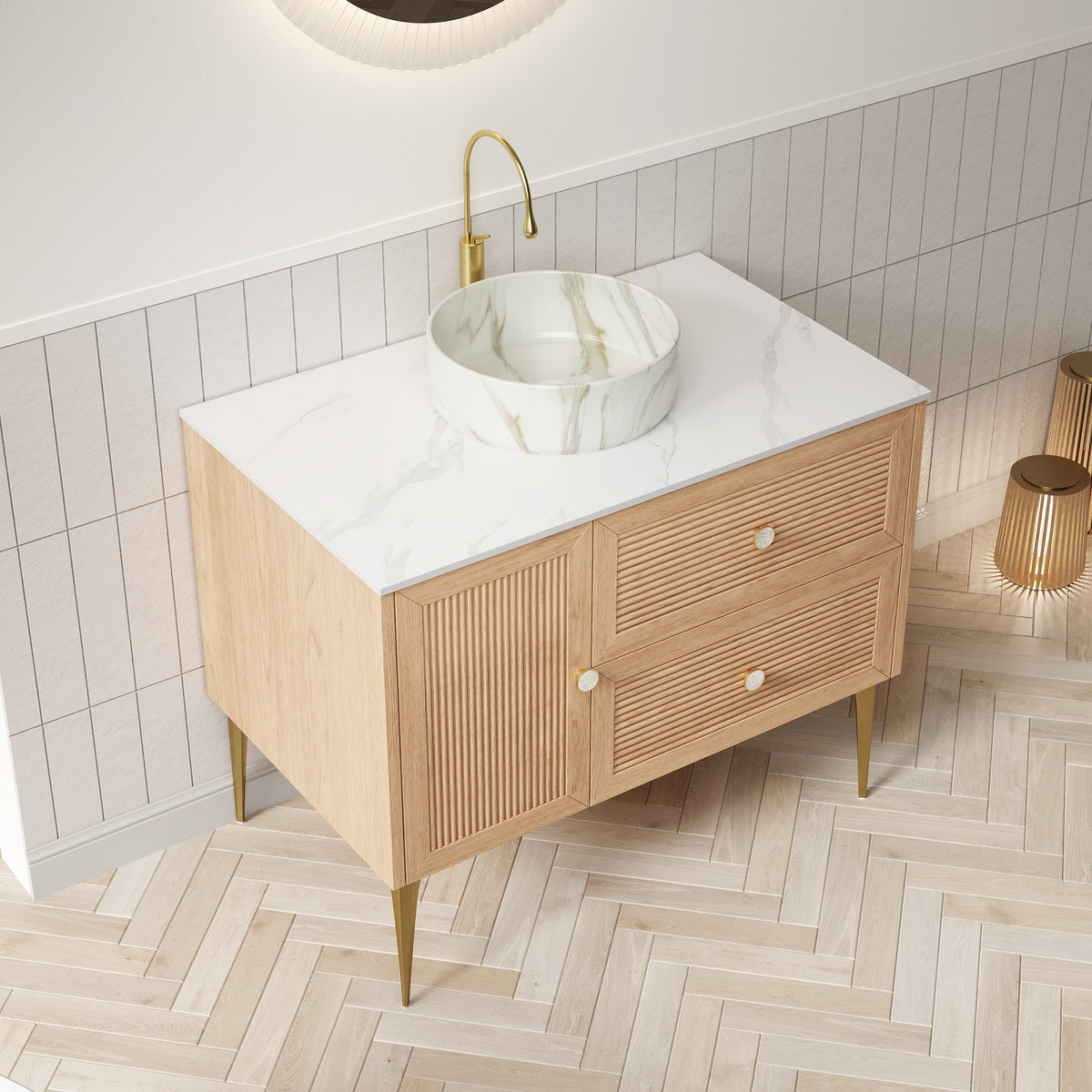 Dexmalle 36" Bathroom Vanity with Sink, Freestanding Plywood Storage Cabinet with 4 Metal Legs, Door and 2 Drawers