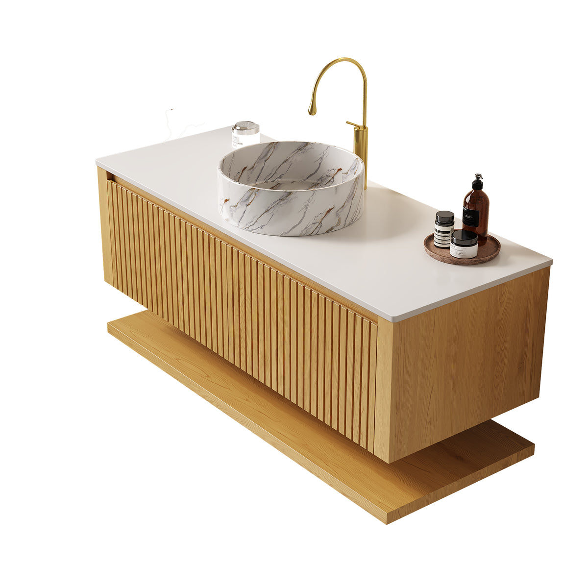 Dexmalle 48" Bathroom Vanity&Sink, Wall-Mounted Plywood Bathroom Storage Cabinet with Drawers&Open Shelf, Sintered Stone Countertop&Ceramic Basin