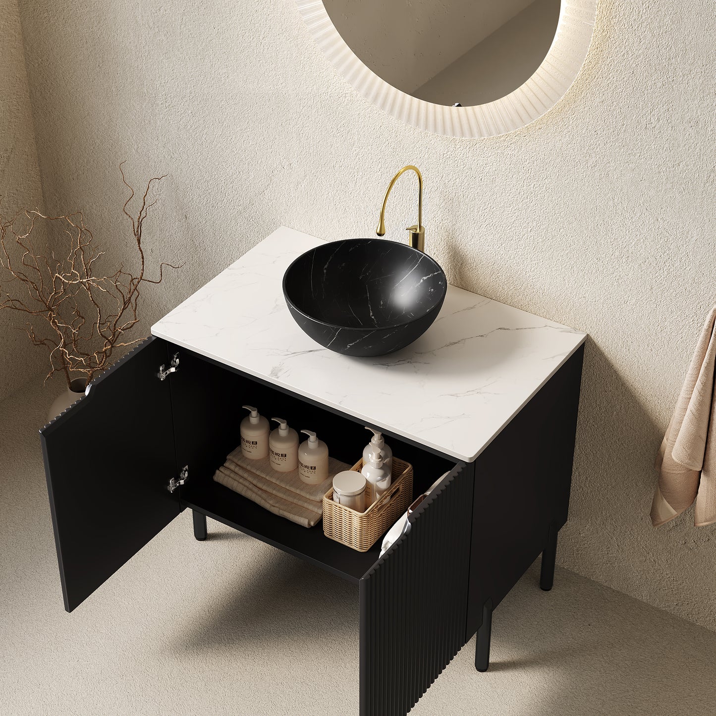 Dexmalle 30-in Black Freestanding Bathroom Vanity with Sintered Stone Top and Black Bowl Vessel Sink