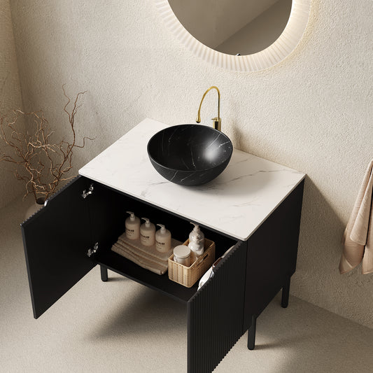 Dexmalle 30-in Black Freestanding Bathroom Vanity with Sintered Stone Top and Black Bowl Vessel Sink