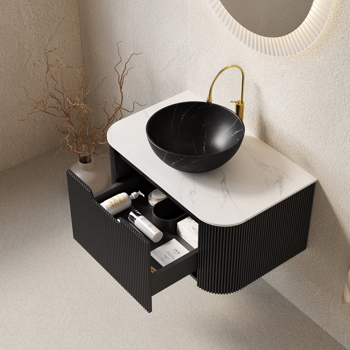 Dexmalle 30" Bathroom Vanity&Sink, Floating Curved Edges Striped Storage Cabinet with Drawer, Matte Stone Black Bowl Ceramic Basin