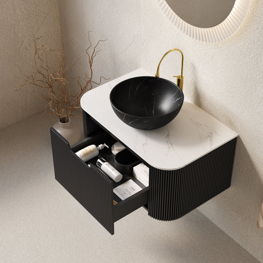 Dexmalle 30" Bathroom Vanity&Sink, Floating Curved Edges Striped Storage Cabinet with Drawer, Matte Stone Black Bowl Ceramic Basin