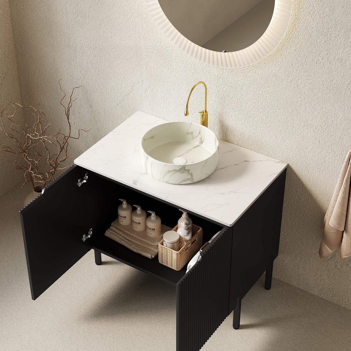 Dexmalle 30-in Black Freestanding Bathroom Vanity with Sintered Stone Top and Black Round Vessel Sink