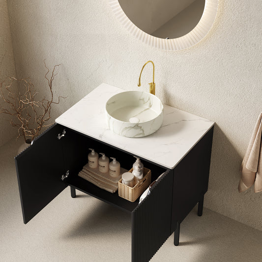 Dexmalle 30-in Black Freestanding Bathroom Vanity with Sintered Stone Top and Black Round Vessel Sink