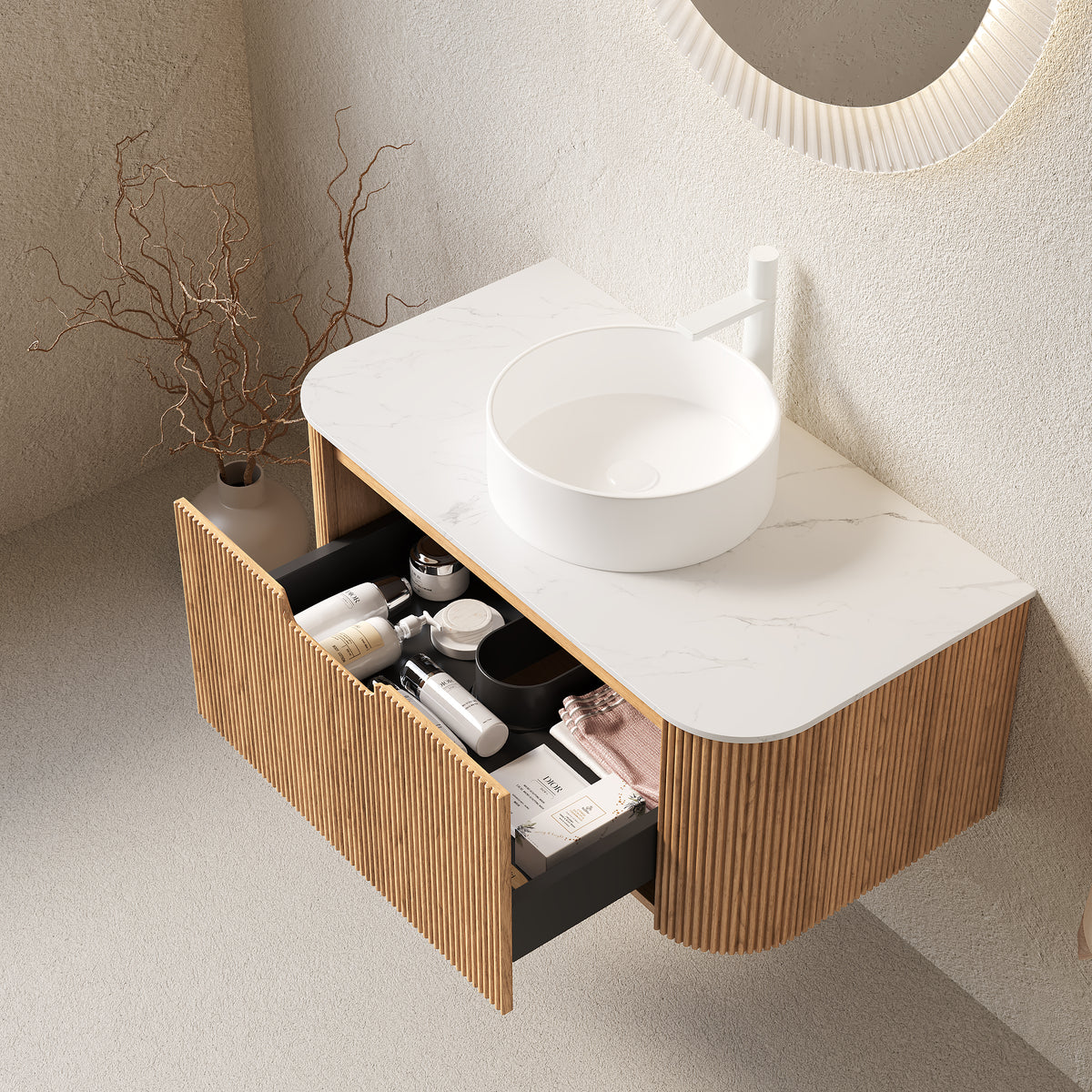 Dexmalle 36" Bathroom Vanity&Sink, Floating Curved Edges Striped Bathroom Storage Cabinet with Drawer, White Round Ceramic Basin&Carrara White Sintered Stone Top