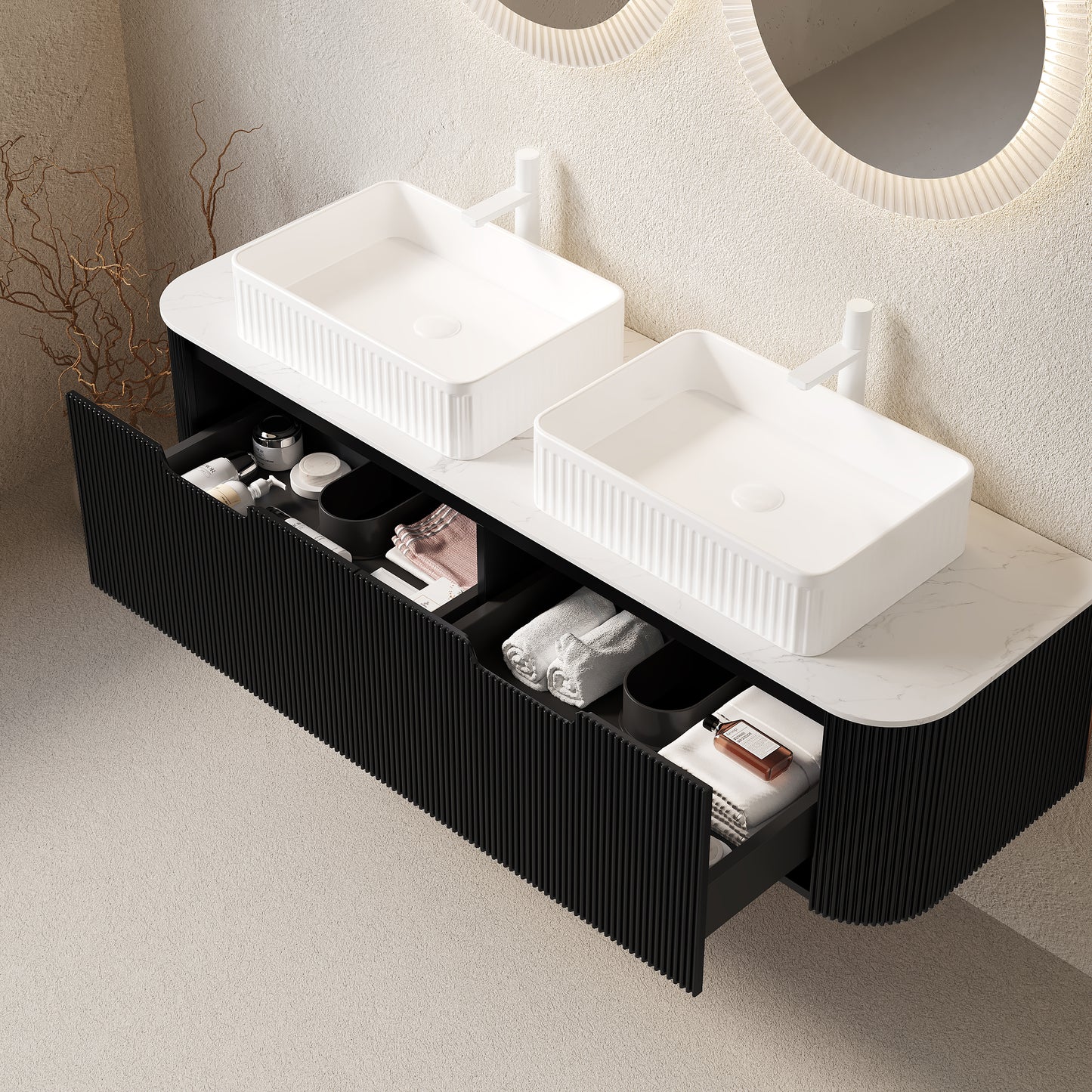 Dexmalle 60-in Black Wall-mount Double Sink Bathroom Vanity with Sintered Stone Top and White Vessel Sink