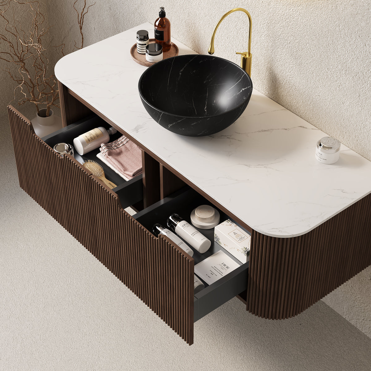 Dexmalle 48" Bathroom Vanity&Sink, Floating Curved Edges Striped Storage Cabinet with 2 Drawers, Stone Black Bowl Ceramic Basin