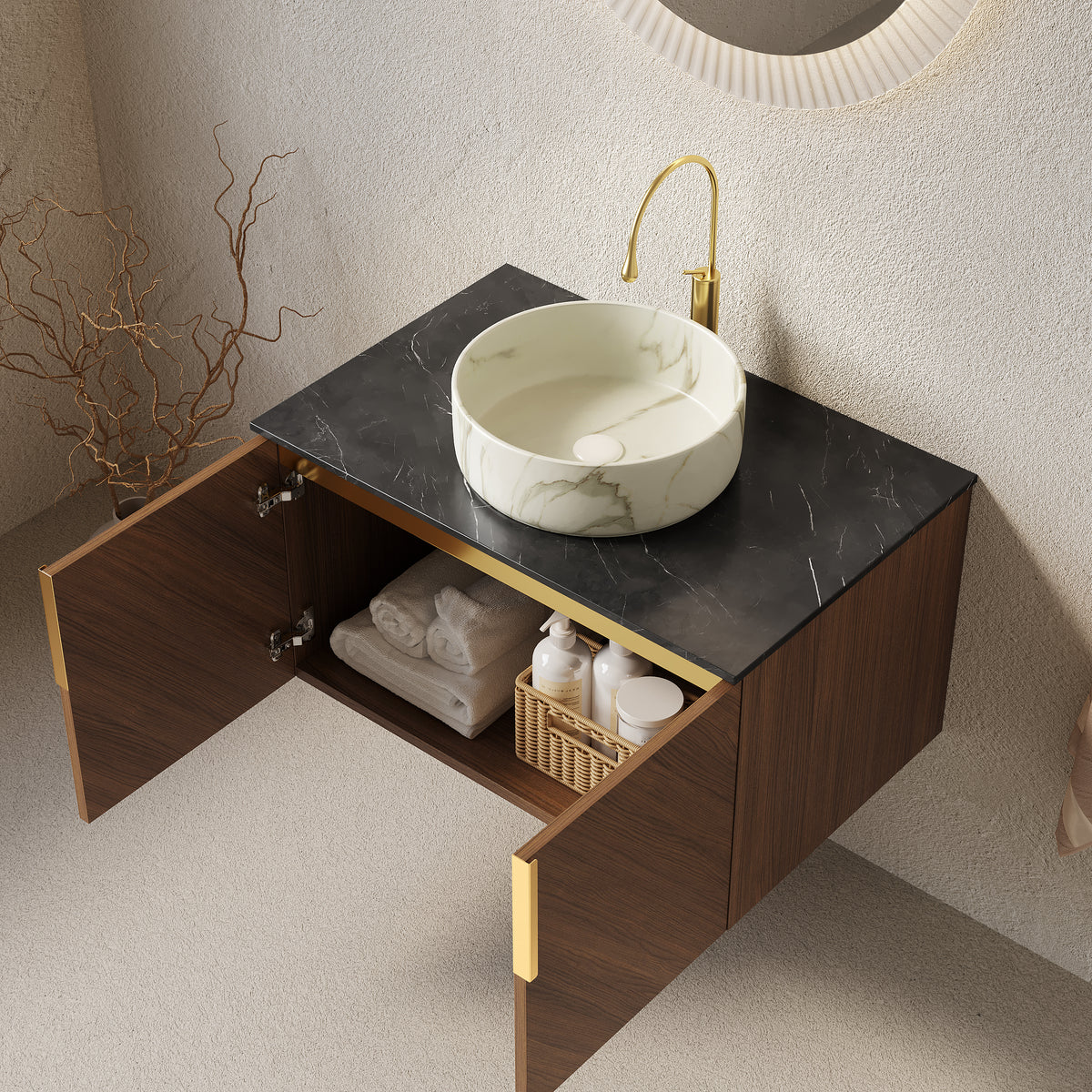 Dexmalle 30" Bathroom Vanity&Sink, Floating Plywood Bathroom Storage Cabinet with 2 Doors, Black Sintered Stone Countertop