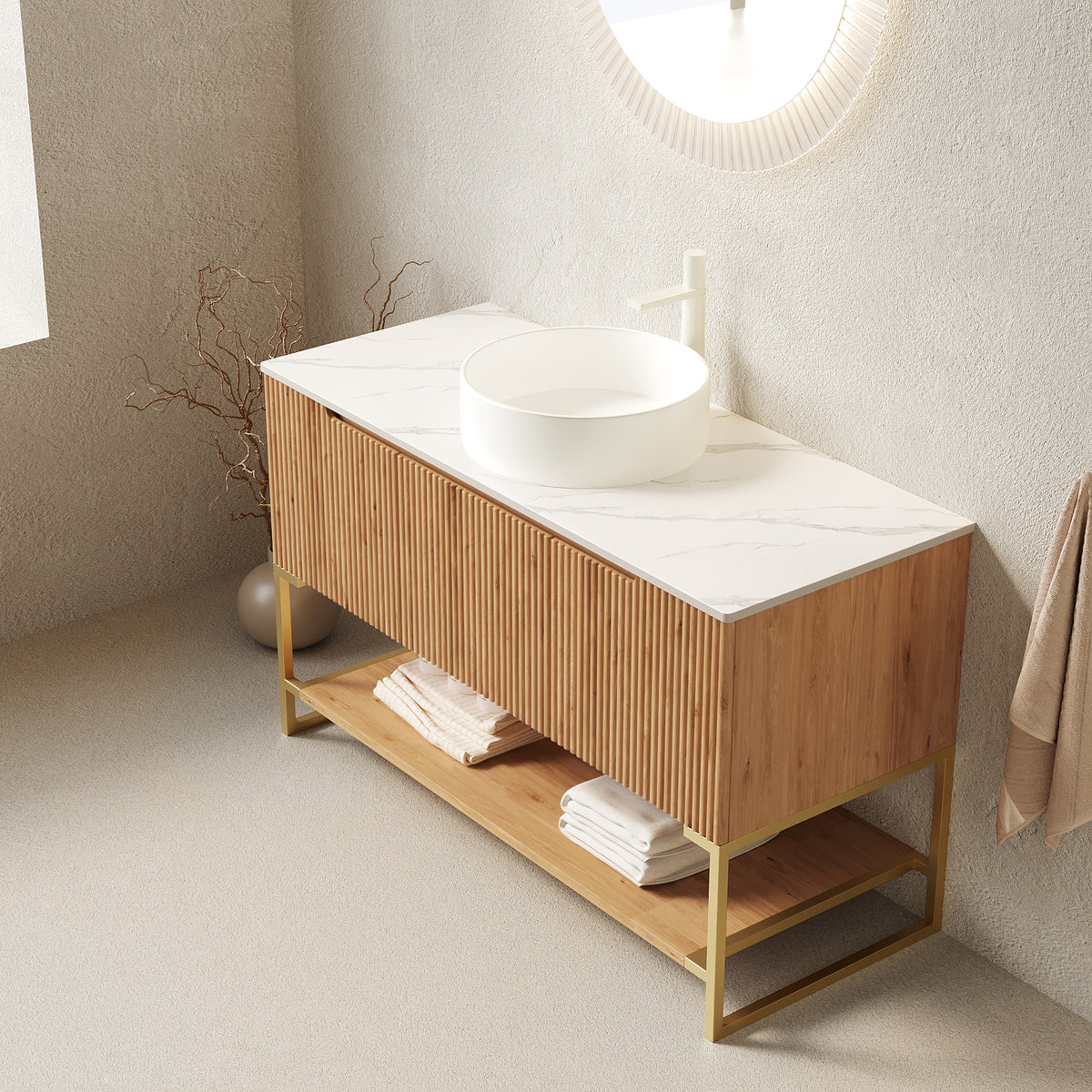Dexmalle 48" Bathroom Vanity&Sink, Freestanding Storage Cabinet with 3 Doors&Open Shelf