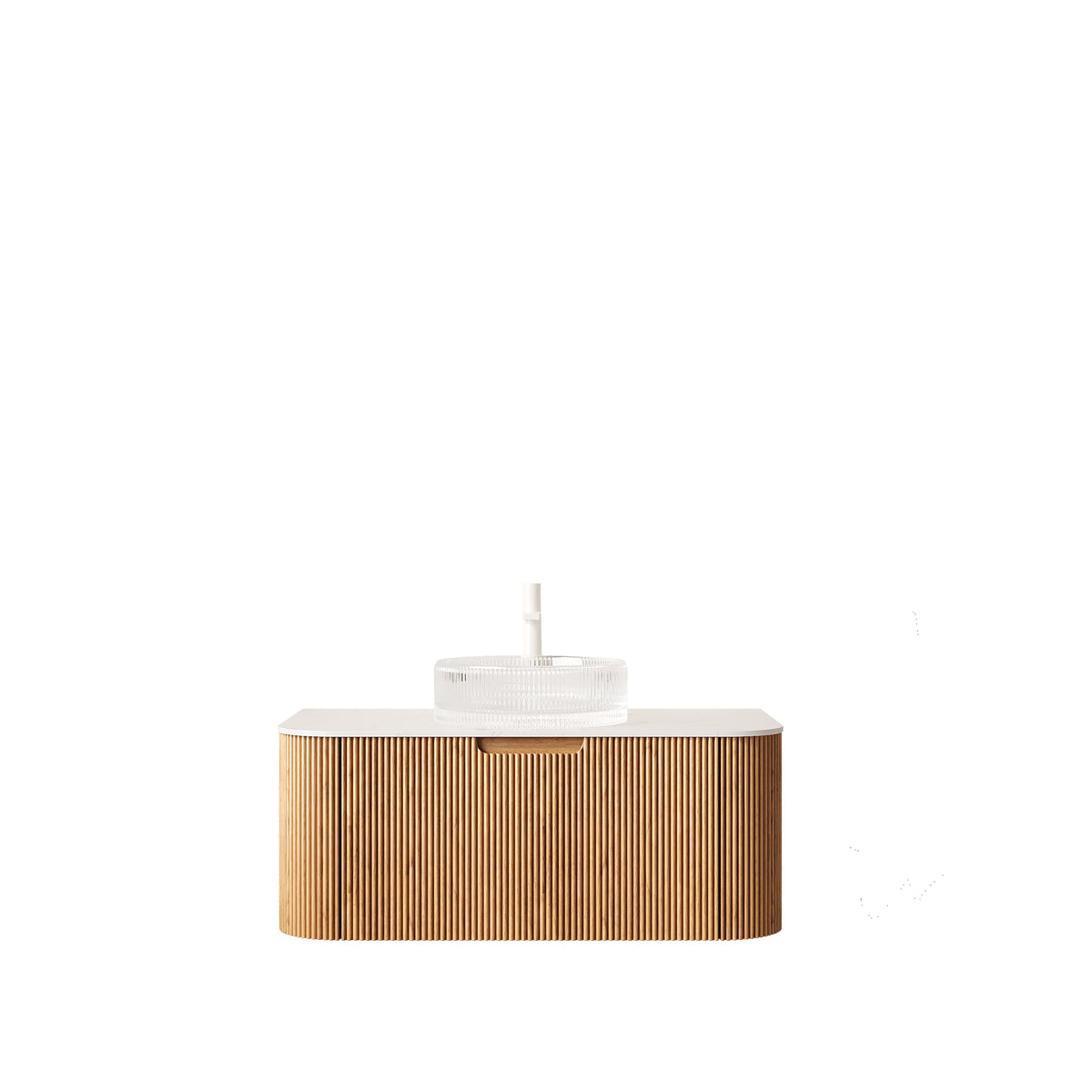 Dexmalle 36" Bathroom Vanity&Sink, Floating Curved Edges Striped Storage Cabinet with Drawer, Transparent Round Glass Basin&Carrara White Sintered Stone Top