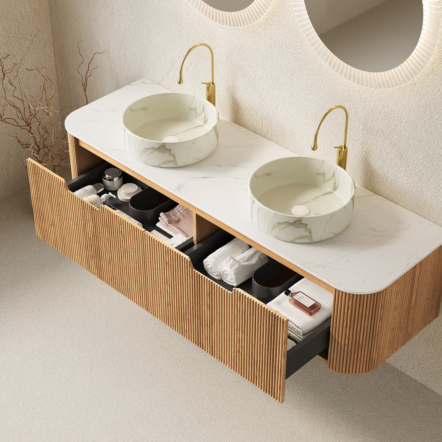 Dexmalle 60-in Natural Wall-mount Double Sink Bathroom Vanity with Sintered Stone Top and Round Ceramic Basins