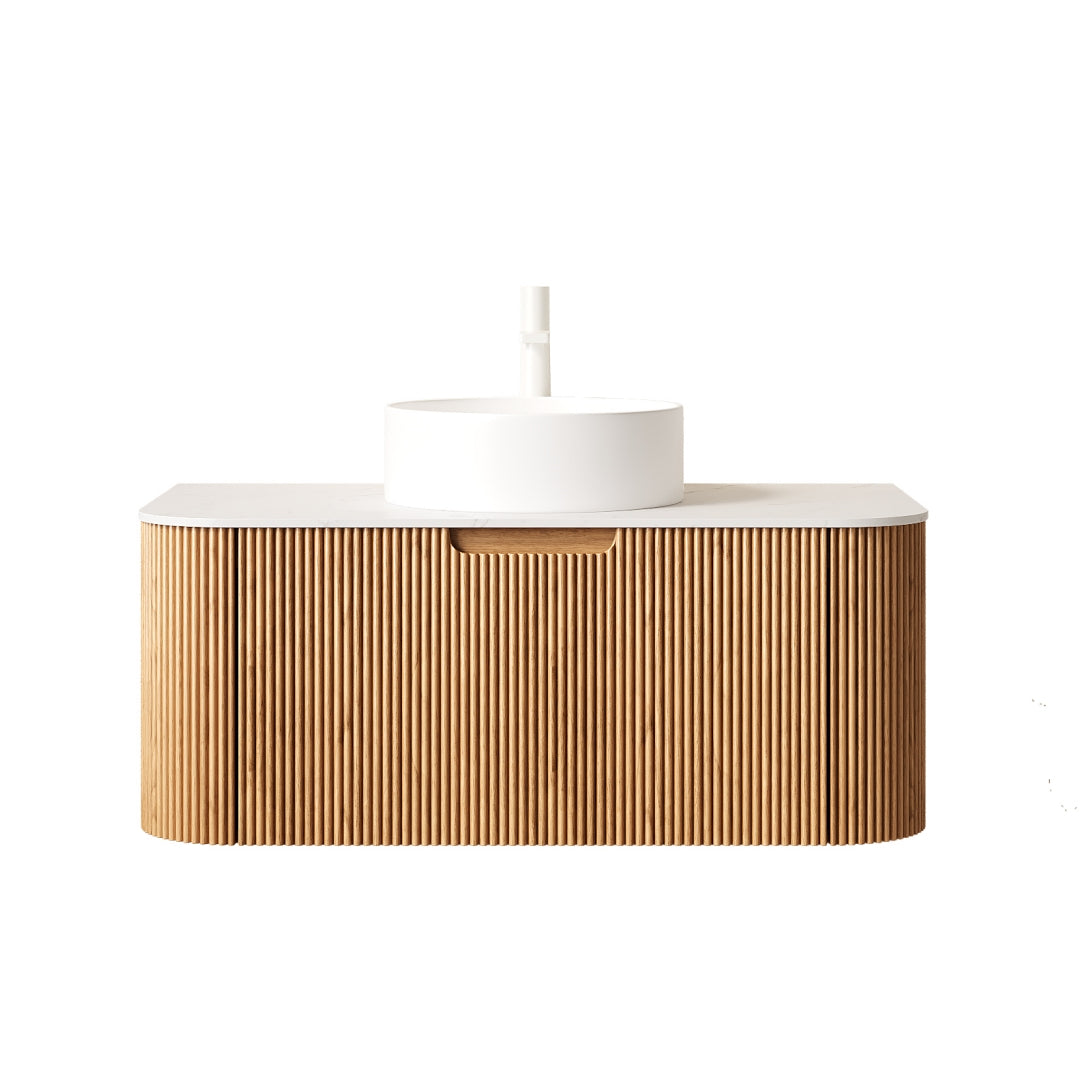 Dexmalle 36" Bathroom Vanity&Sink, Floating Curved Edges Striped Bathroom Storage Cabinet with Drawer, White Round Ceramic Basin&Carrara White Sintered Stone Top