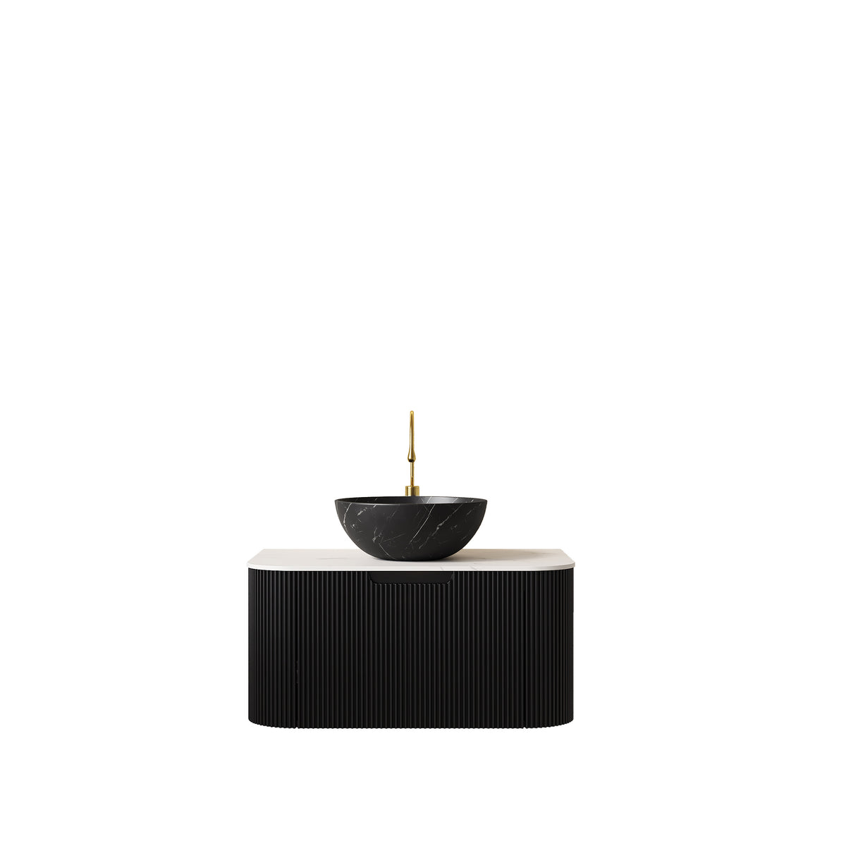 Dexmalle 30" Bathroom Vanity&Sink, Floating Curved Edges Striped Storage Cabinet with Drawer, Matte Stone Black Bowl Ceramic Basin